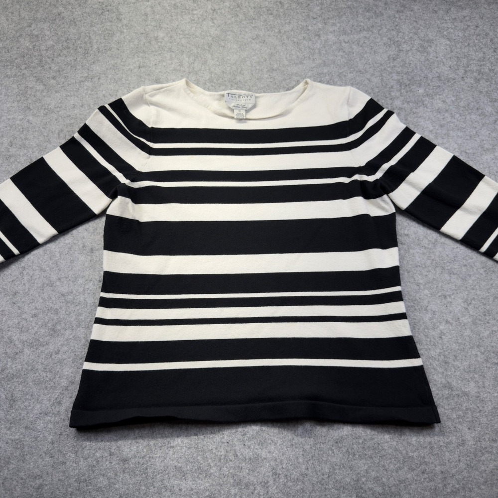 Talbots Sweater Womens M Black White Good Striped Italian Yarn 3/4 Sleeve Knit